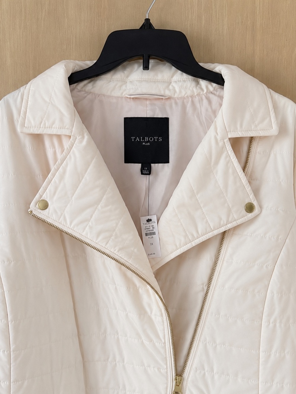 Talbots Plus 1X Ivory Cream Quilted Moto Jacket Gold Zip NWT - Picture 4 of 7
